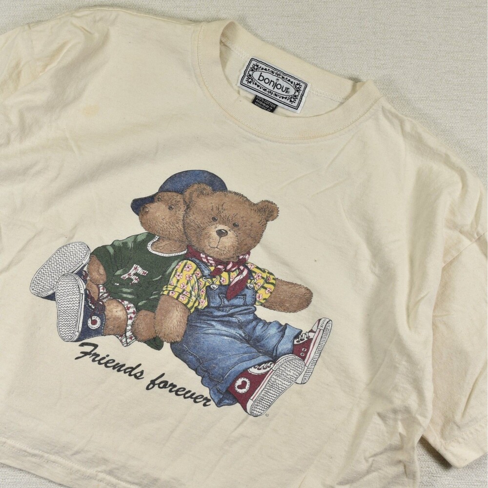 Vintage Bonjour Bear Cropped Shirt OSFM Cream 90s Friends Forever Graphic